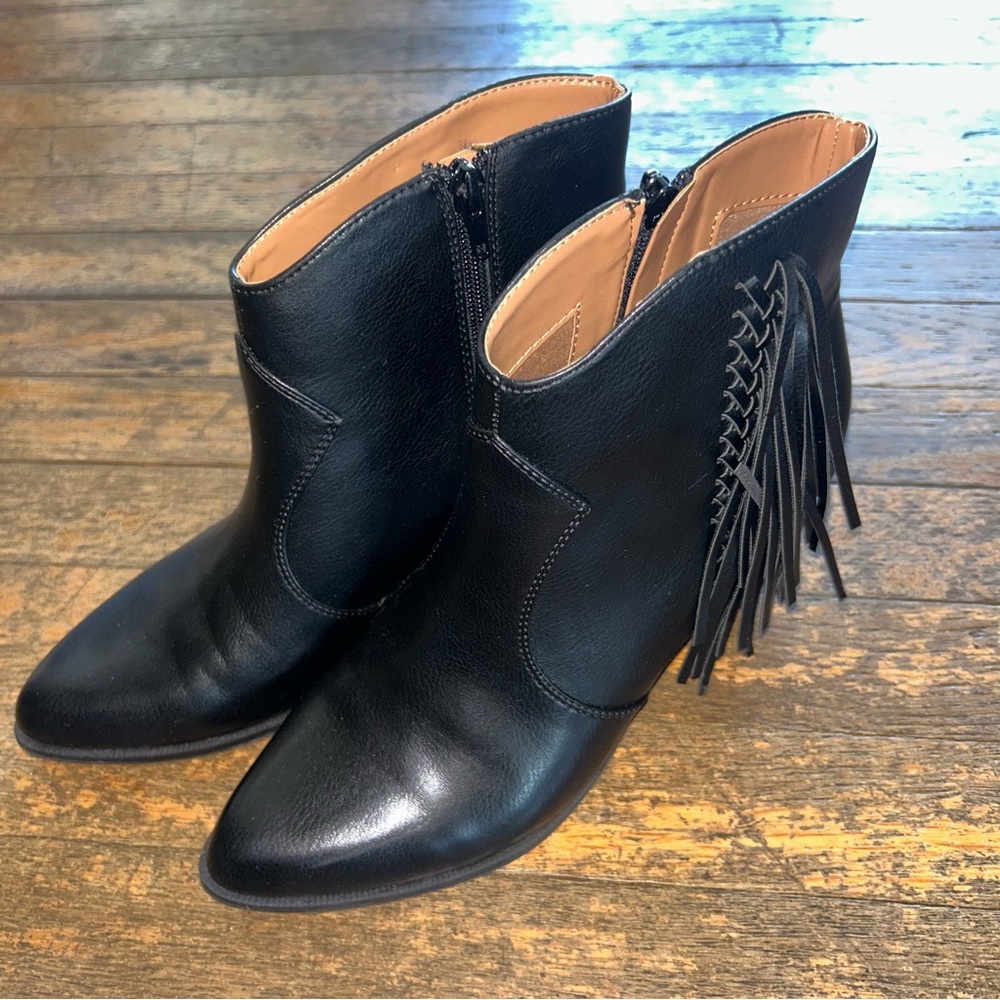 Indigo Black Ankle Booties with Fringe Detail